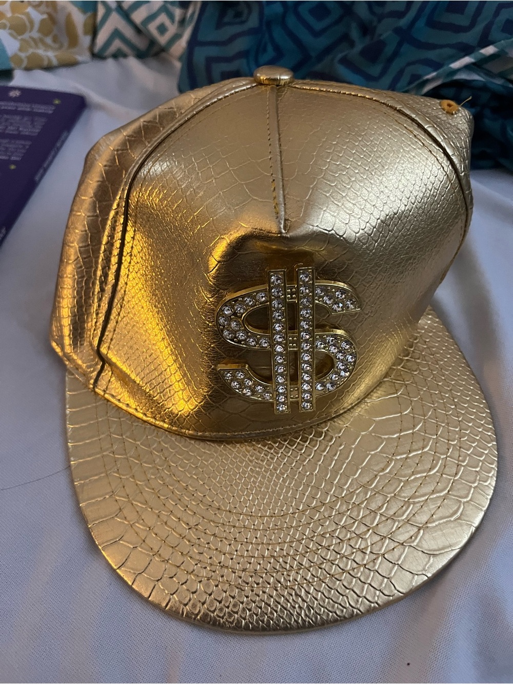 SHEIN Gold Faux-Snake Leather Dollar Sign Snapback Cap